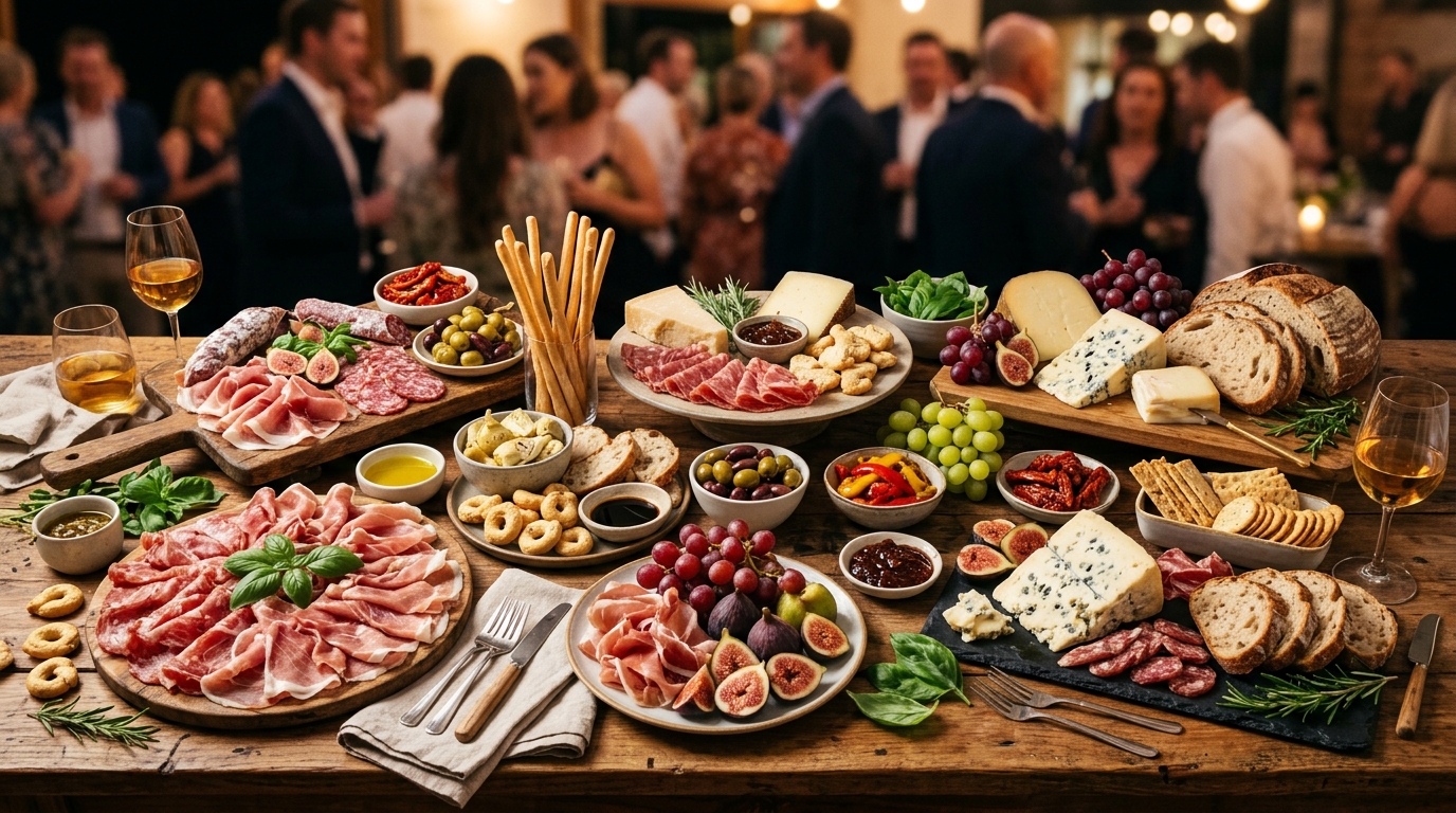 Antipasto table spread with cheeses and cured meats
