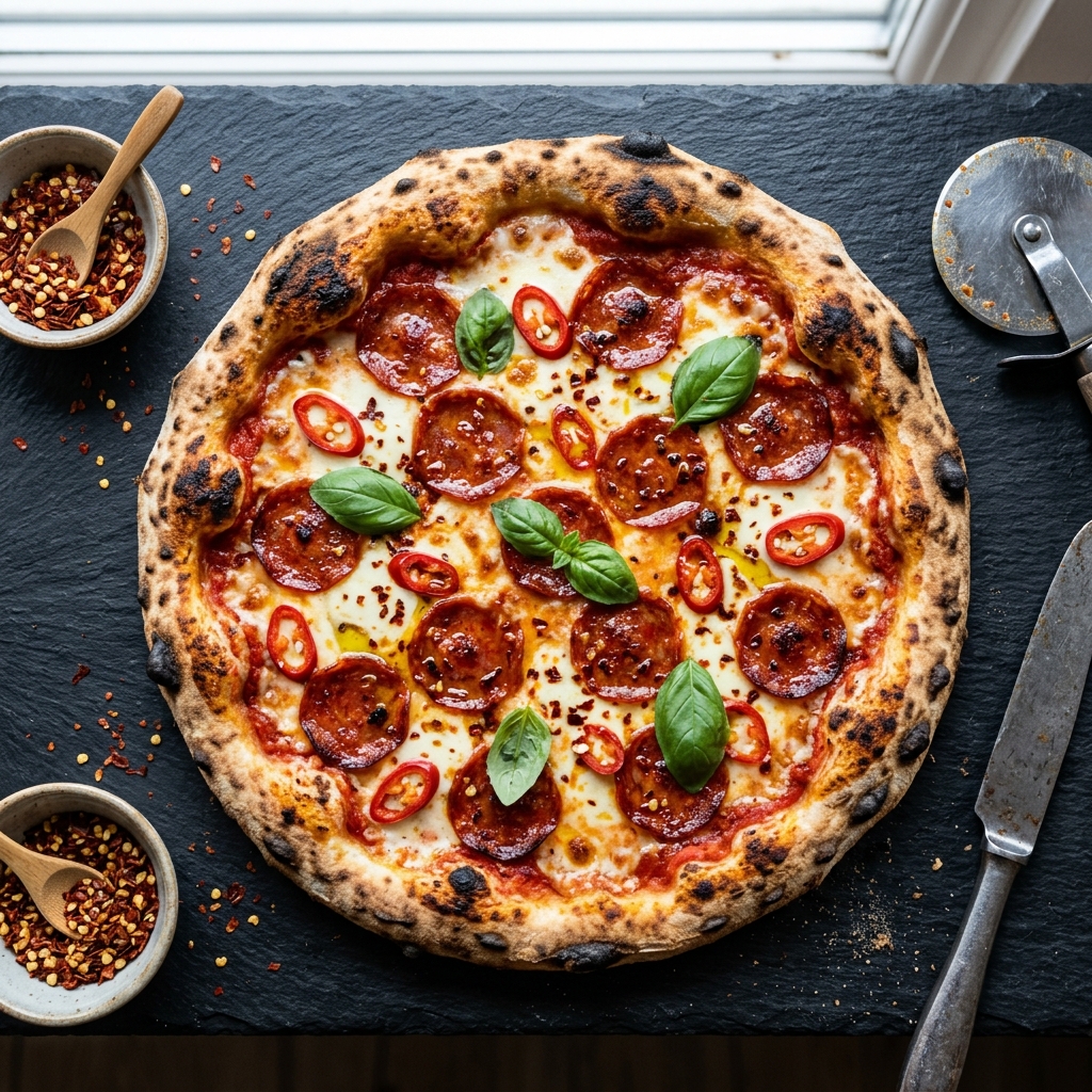 Freshly fired gourmet pizza