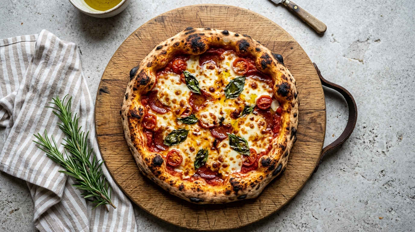 Artisanal woodfired pizza on rustic wooden board with rosemary sprig