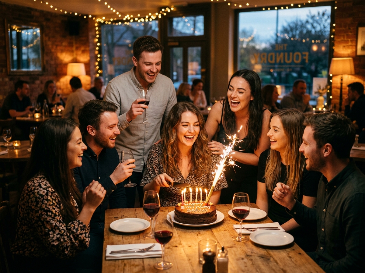 Friends laughing around a sparkling birthday cake