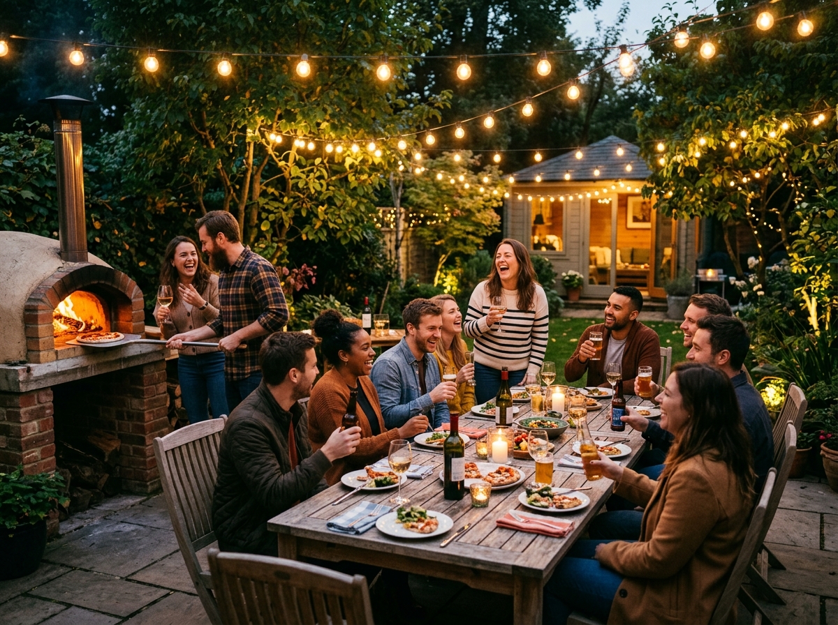 Friends gathering at long wooden table under outdoor festoon lighting