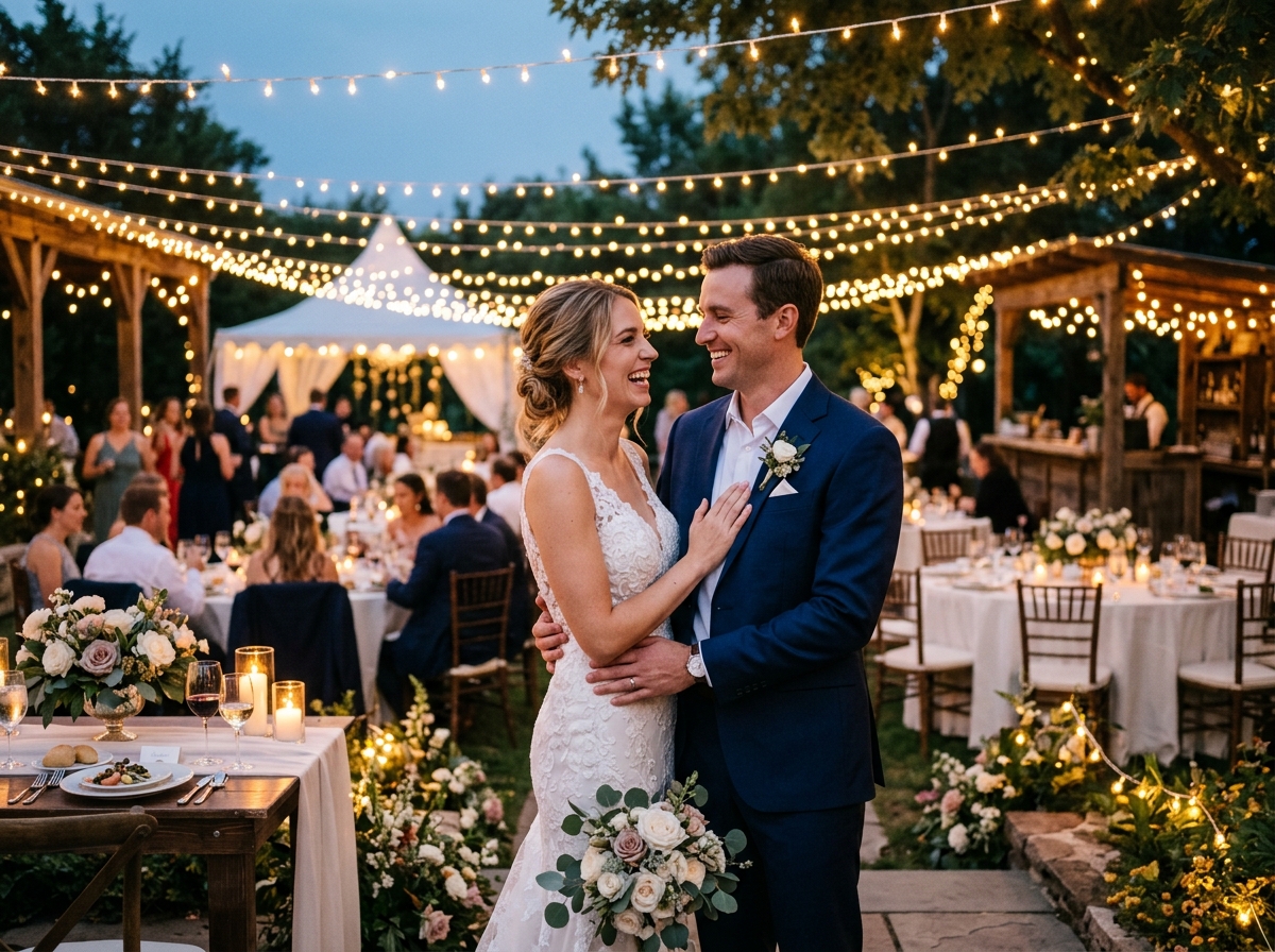 Bride and groom celebrating at outdoor wedding reception